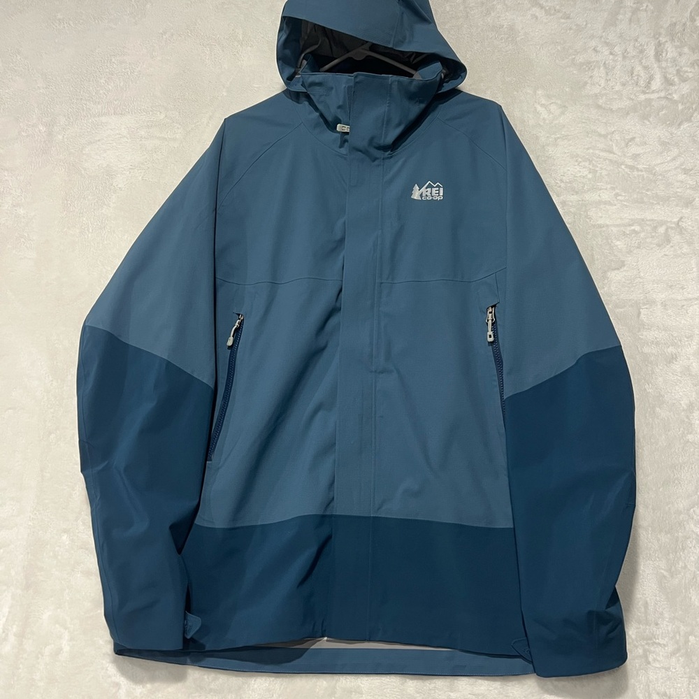 REI Co-op Jacket Mens XL Blue E1 Elements Hooded Rain Shell Waterproof